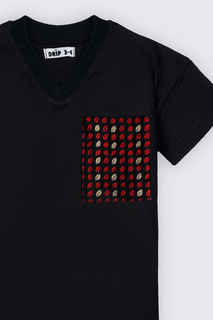 Girls Black Tee with Woven Sindhi Patch