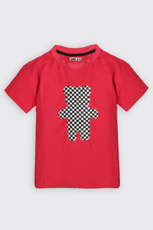Girls Pink check teddy bear jacquard tee