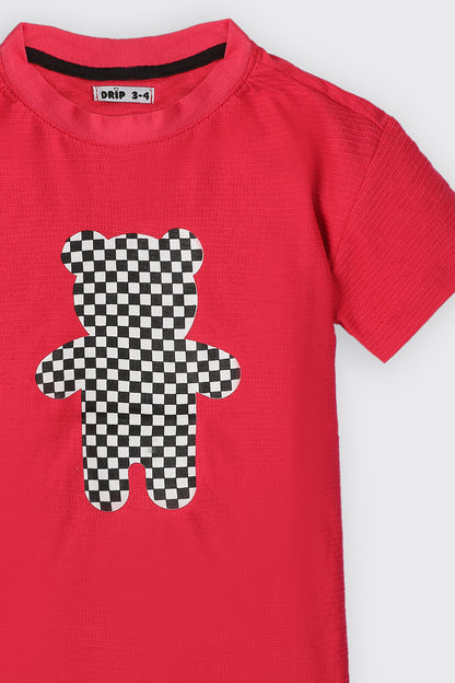 Girls Pink check teddy bear jacquard tee
