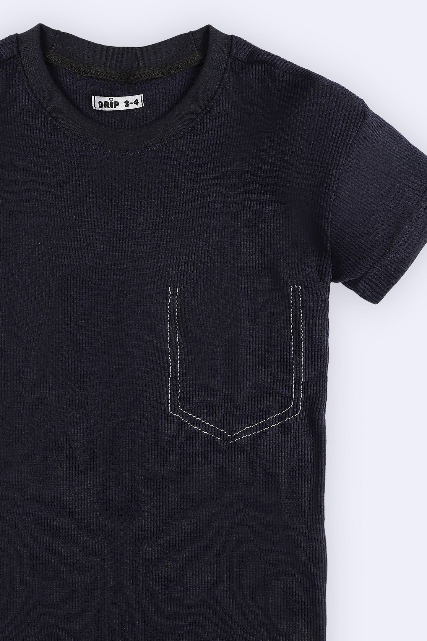 Girls Blue Texture Tee with Fake Thread Pocket
