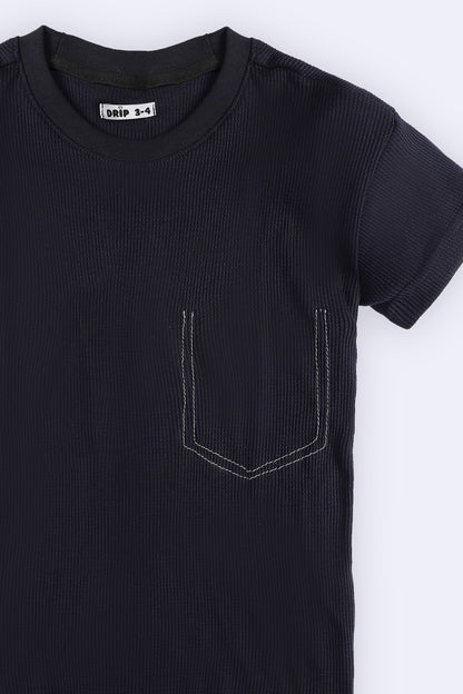 Girls Blue Texture Tee with Fake Thread Pocket