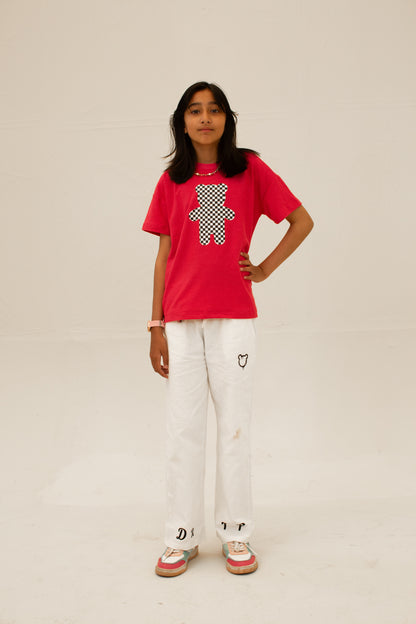 Girls Pink check teddy bear jacquard tee