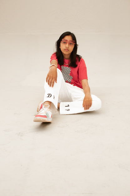 Girls Pink check teddy bear jacquard tee