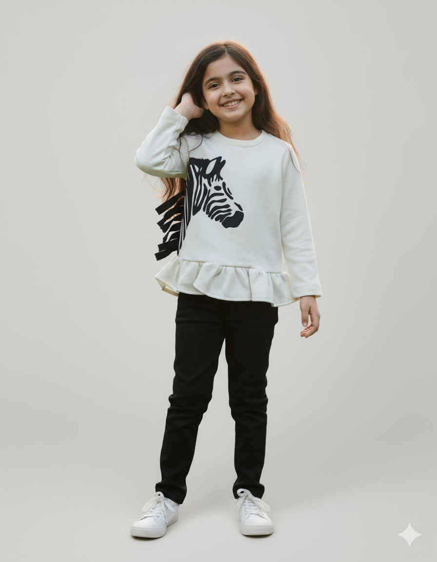 Girls Trendy Zebra Graphic Fleece Sweatshirt with Frill Hem