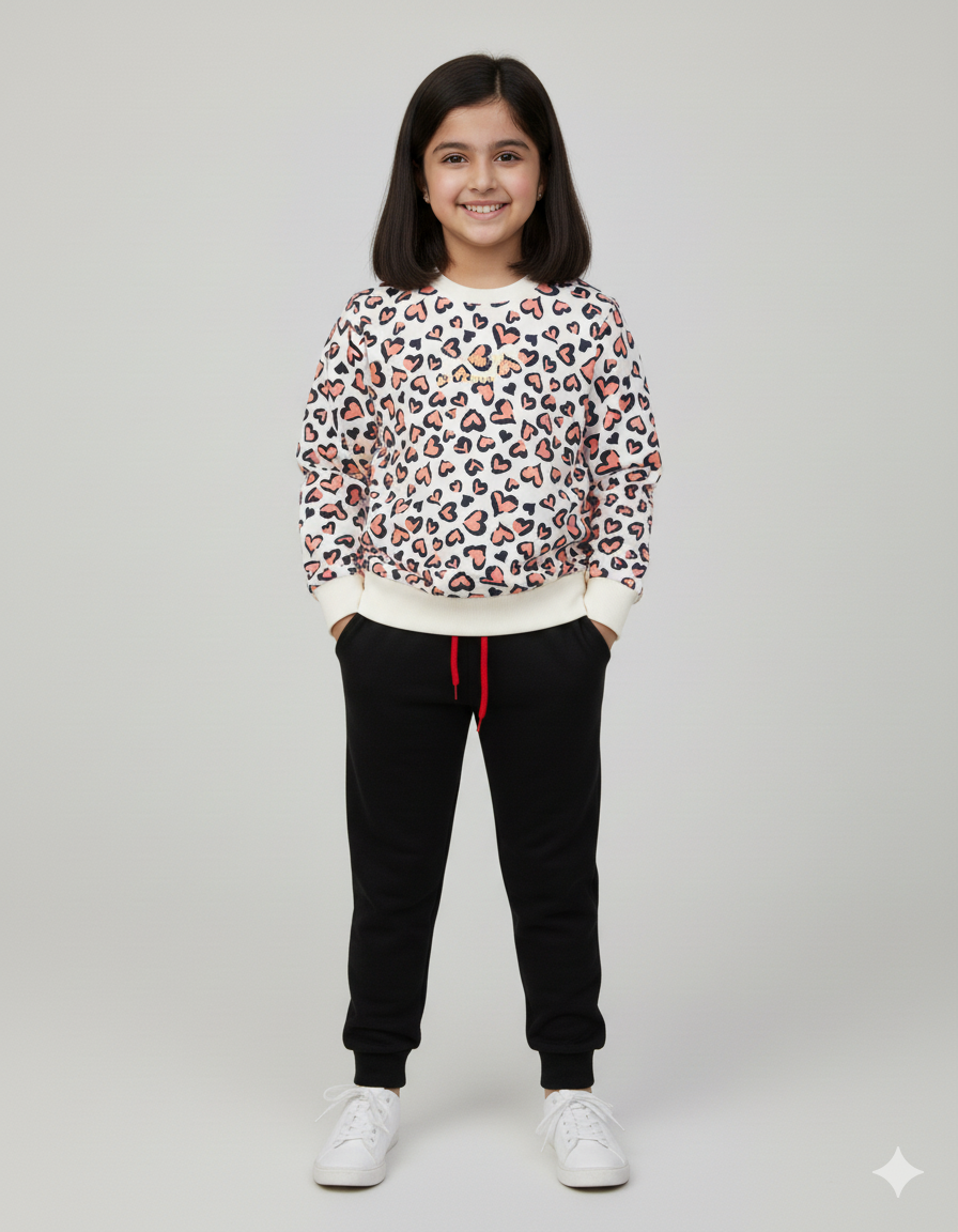 Girls Cozy Heart Print Fleece Sweatshirt