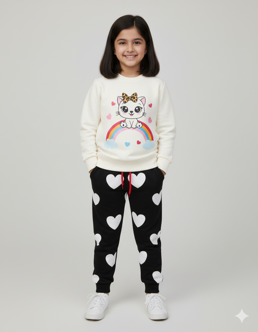 Girls Cozy Cat & Rainbow Fleece Co-ord Set