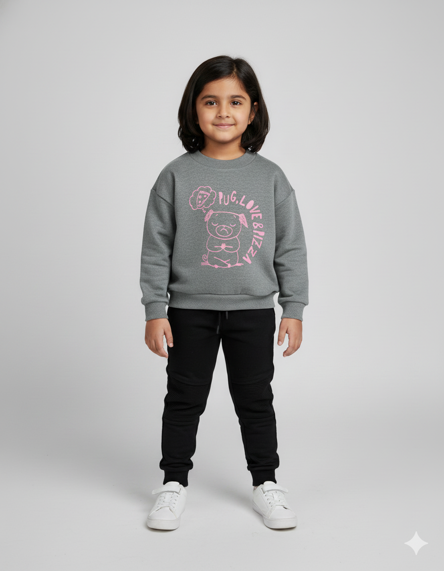 Girls Cozy "Pug, Love & Pizza" Cotton Fleece Sweatshirt